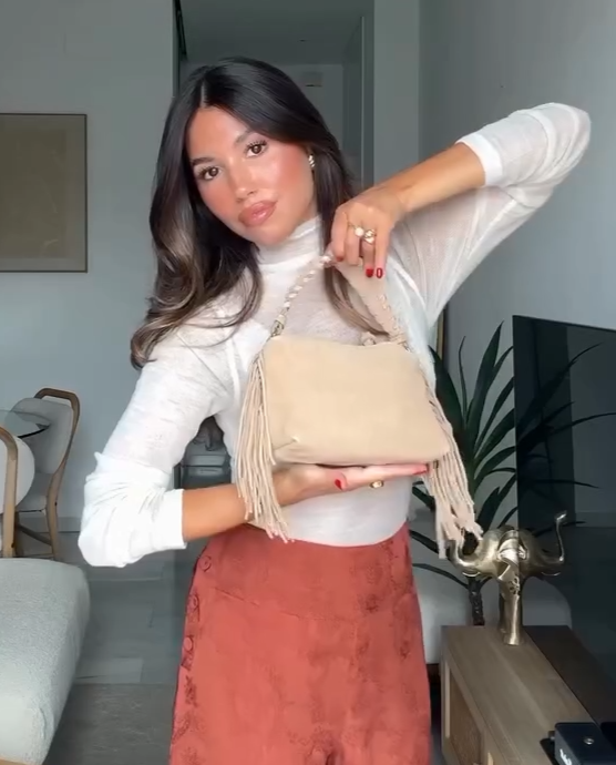 Zara Split Suede Mini Fringed Crossbody Bag Sand Beige Cream Brown