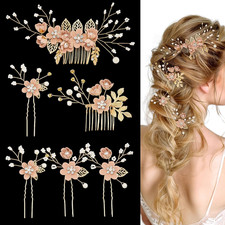 6 Pcs Bridal Hair Accessories French Hair Side Combs and Hair Pins,Gold Wedding