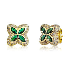 Green Clover Pavé Crystal Mens Stud  Yellow Gold Plated Butterfly Back