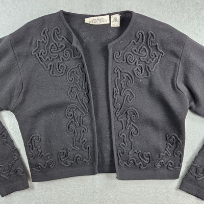 Ellen Tracy Cardigan Women Large Black Wool Soutache Scroll Cropped Open Front
