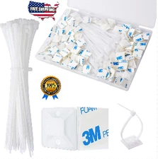50x Cable Zip Tie Mounts with 6" Ties Adhesive Wire Clips Outdoor Organizer Kit
