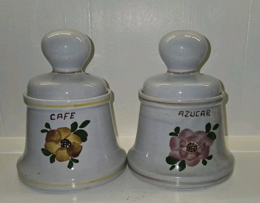 Vintage Azúcar & Café Jars Set of 2 Floral Spanish Kitchen Canisters Rare *READ*