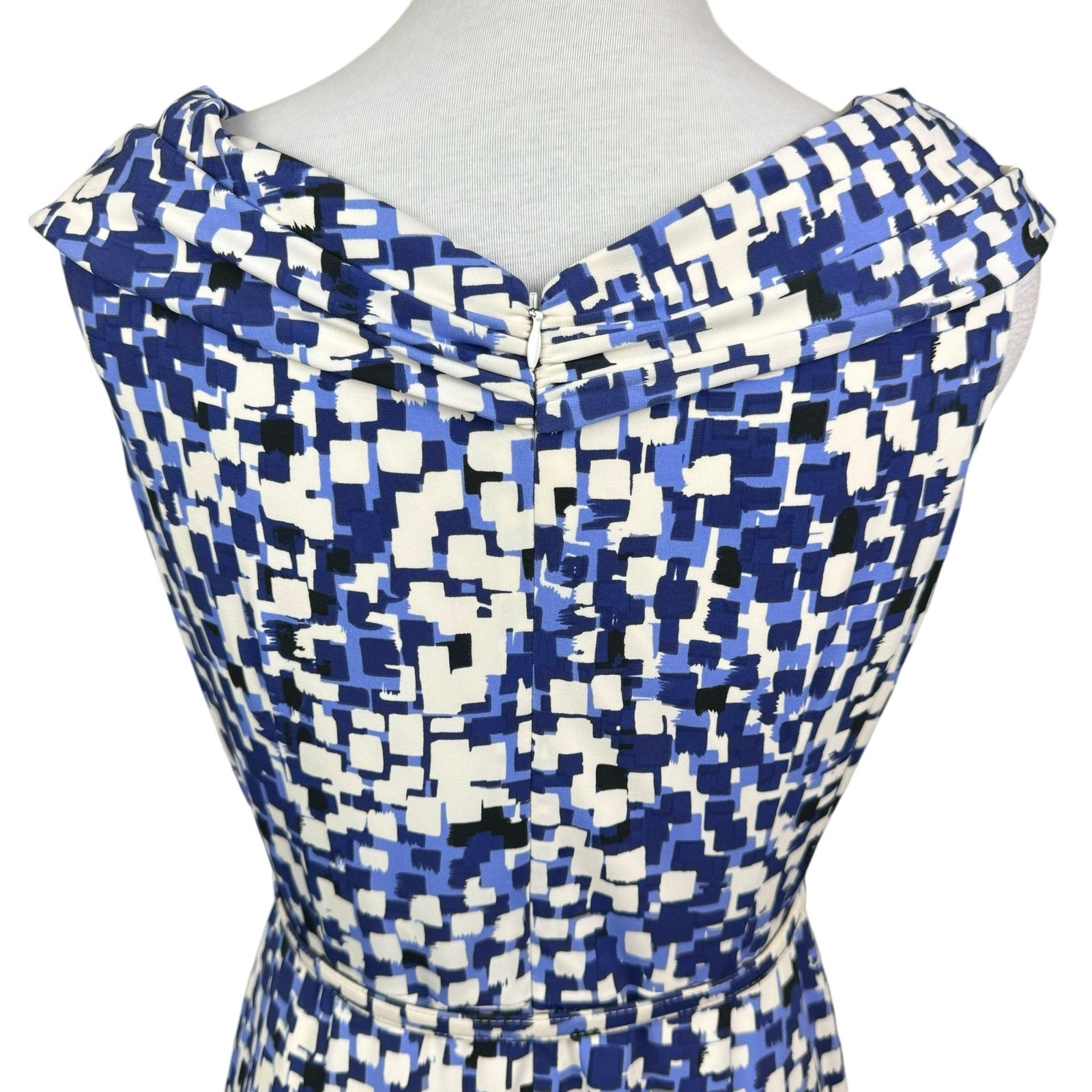 David Meister 8 Blue Geometric Print Cap Sleeve Jersey Belted Sheath Dress