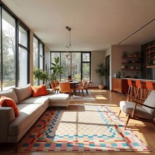 Flair Rugs Multicoloured Checkered Border Wool Blend Rug 140cm x 200cm NEW