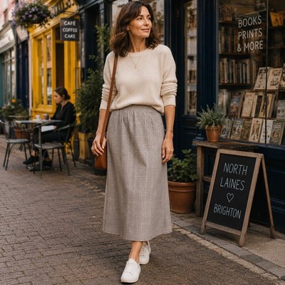 Damen Midi Rock UK 8-10 grau kariert Wolle Seide Mischung Optik A-Linie gefüttert