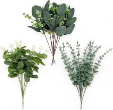 30 Pcs 3 Kinds Mixed Artificial Eucalyptus Leaves Stems, Fake Silver Green