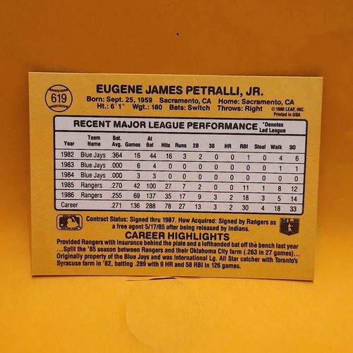 1987 Donruss #619 Geno Petralli Texas Rangers Baseball Card - Picture 2 of 2