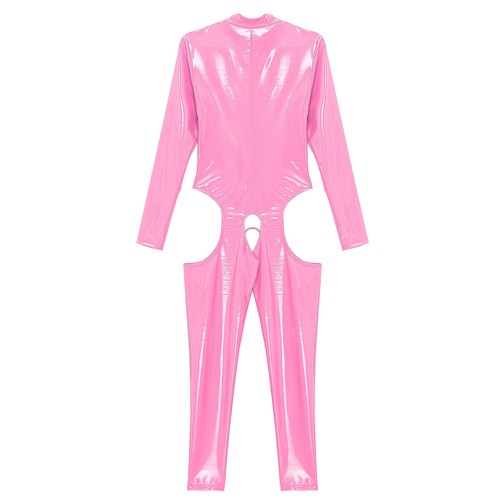 UK Women Shiny Leather Jumpsuit Zipper Front Bodysuit Nightclub Latex Catsuits - Picture 20 of 55