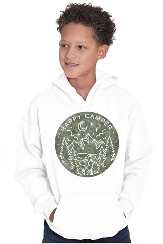 Vintage Outdoor Night Hiking Happy Camper Youth Hooded Sweatshirt Boy or Girl - Picture 4 of 7