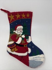 Vintage Christmas Stocking Punch Needle Santa Claus Red Velvet Backing