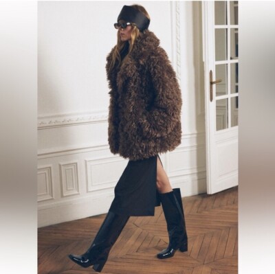 ZARA ZW COLLECTION FAUX FUR SHORT COAT CHOCOLATE FW24/25 SIZE S