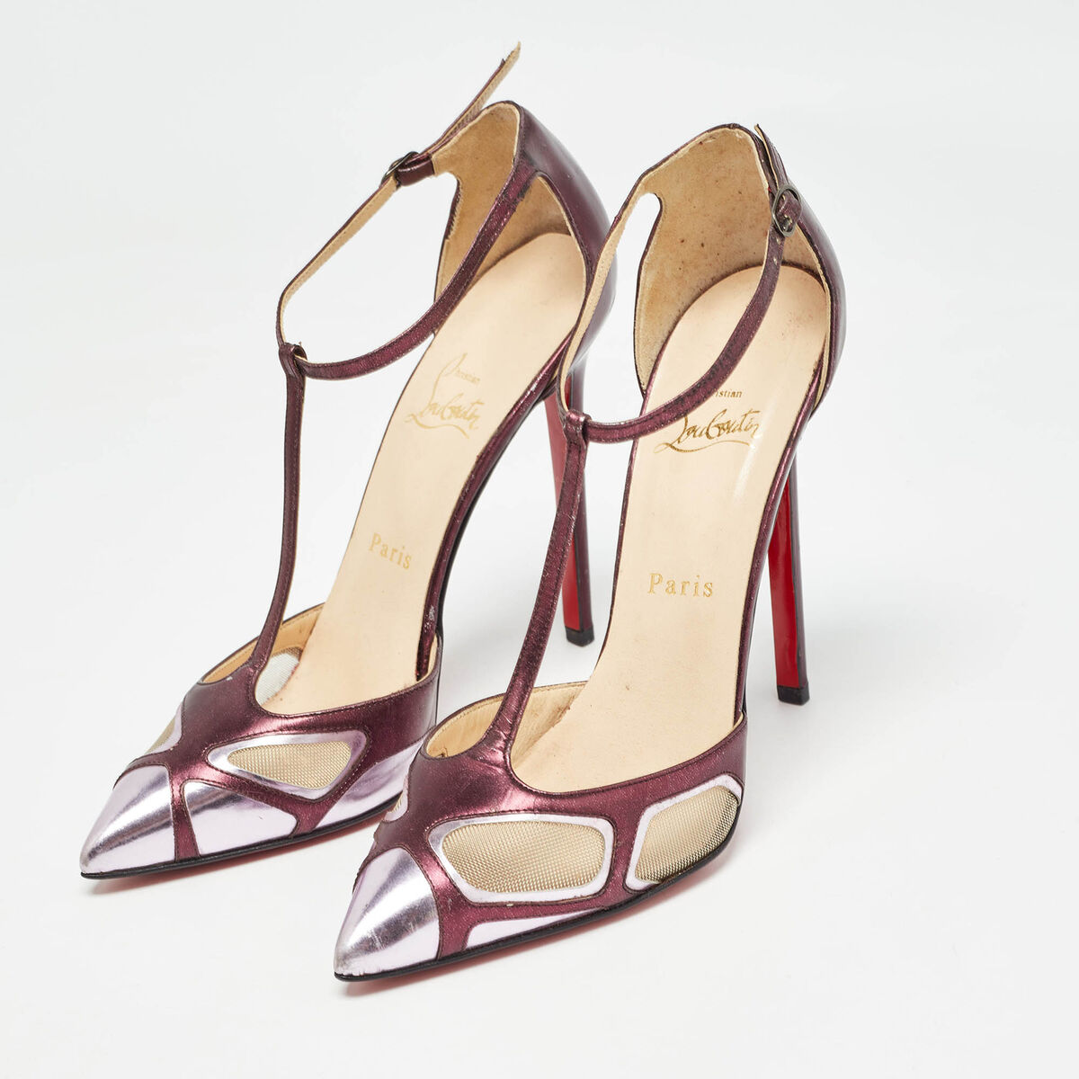 Christian Louboutin Metallic Purple Leather and Mesh T-Strap Christian Louboutin Metallic Purple Leather and Mesh T-Strap