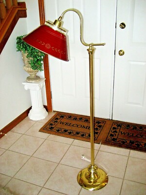 Vintage Down Bridge Brass Tone Floor Lamp With Maroon Metal Shade And 3 Way Sw Ebay