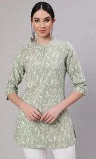 Women Tunic wear ; Green  White Printed Cotton Straight Tunic Kurti