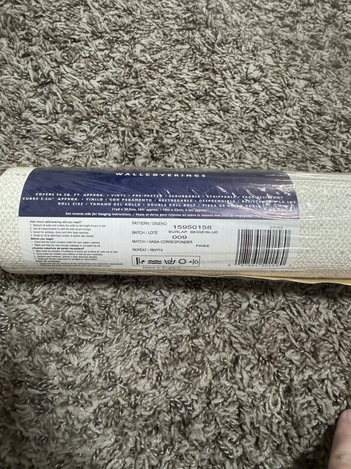 Papel tapiz vinilo Graham & Brown 15950158 arpillera beige/azul 56 pies cuadrados (1) perno Foto 3 de 4