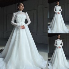 Muslim Wedding Dresses High Neck Lace Appliques Long Sheer Sleeve Bridal Gowns