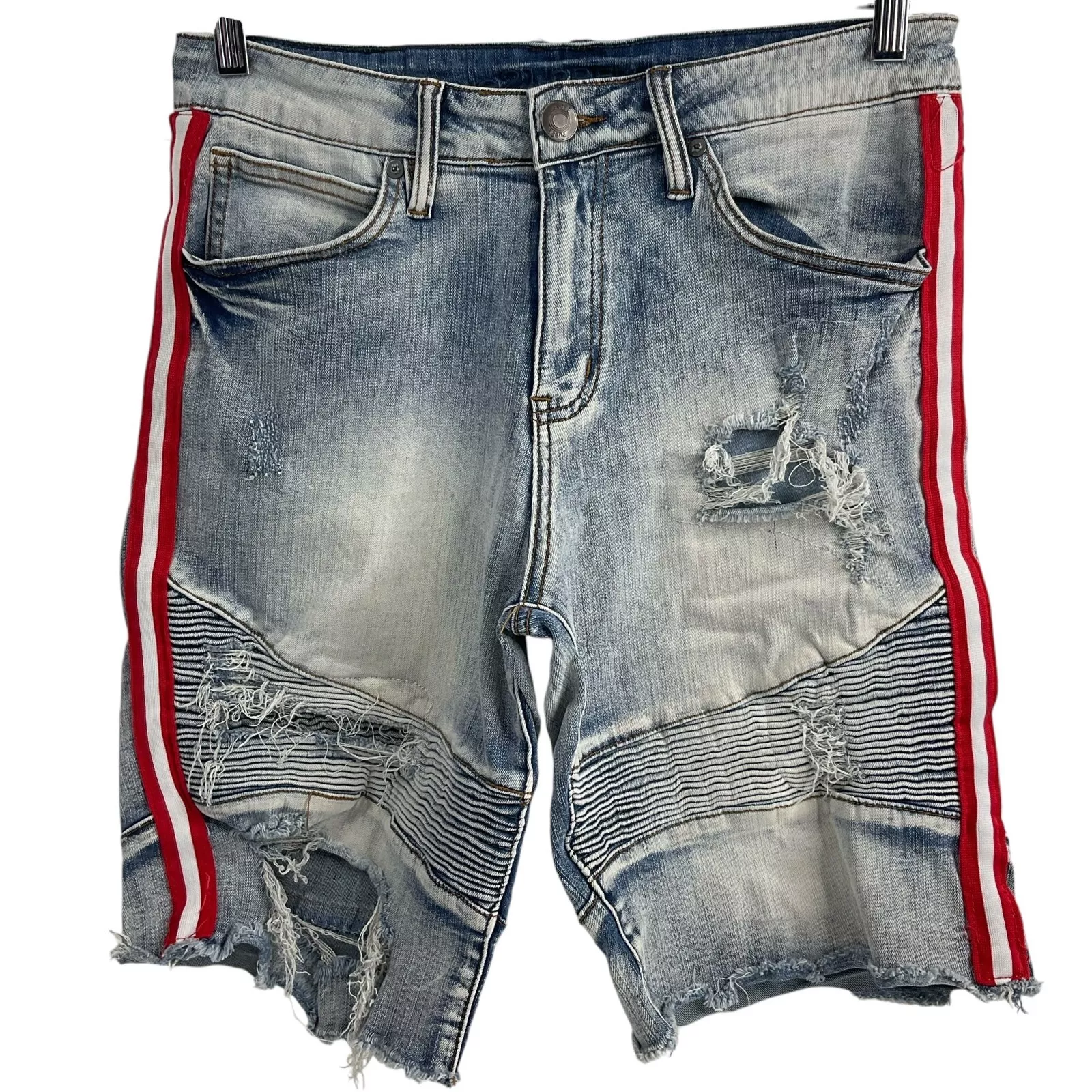 Short en jean homme Rue 21 taille 30 bleu rouge rayures supreme flex stretch vieilli