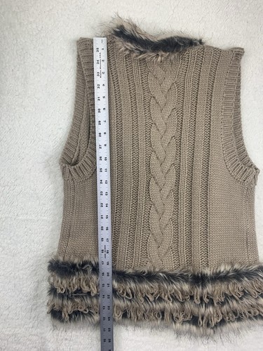 Angie Women Size L Sweater Vest Cable Knit Faux Fur Trim Brown Boho Cottagecore - Picture 8 of 8