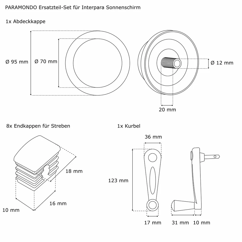 Sonnenschirm Ersatzteil Set Ersatzteile 8 Endkappen 1 Abdeckkappe 1 Kurbel - Bild 2 von 3