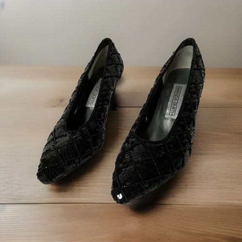 Decolte Amanda Smith nere paillettes perline sera tacco alto anni 80 vintage taglia 8B - Foto 10 di 11