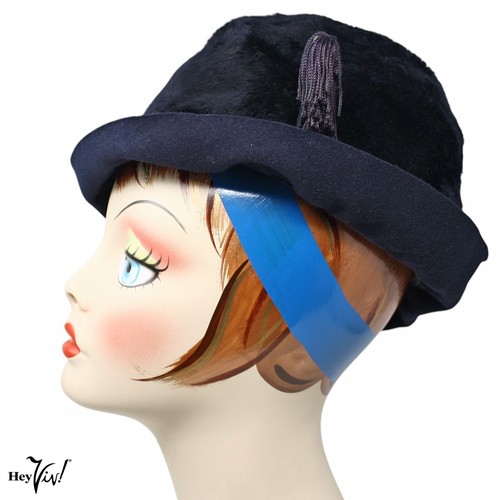 Vintage blau schwarz Kunstfell Mütze mit seitlicher Quaste Original von Dajon Kostüm - Hey Viv - Bild 4 von 9