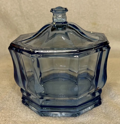 Indiana Glass Co. USA Concord Blue Octagon Candy Dish w/ Lid 5.5" Vintage 1970s
