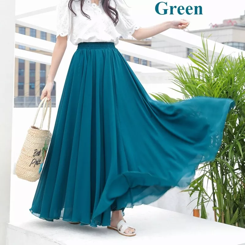 Women Chiffon Maxi Swing Skirt High Waist A-line Pleated Long