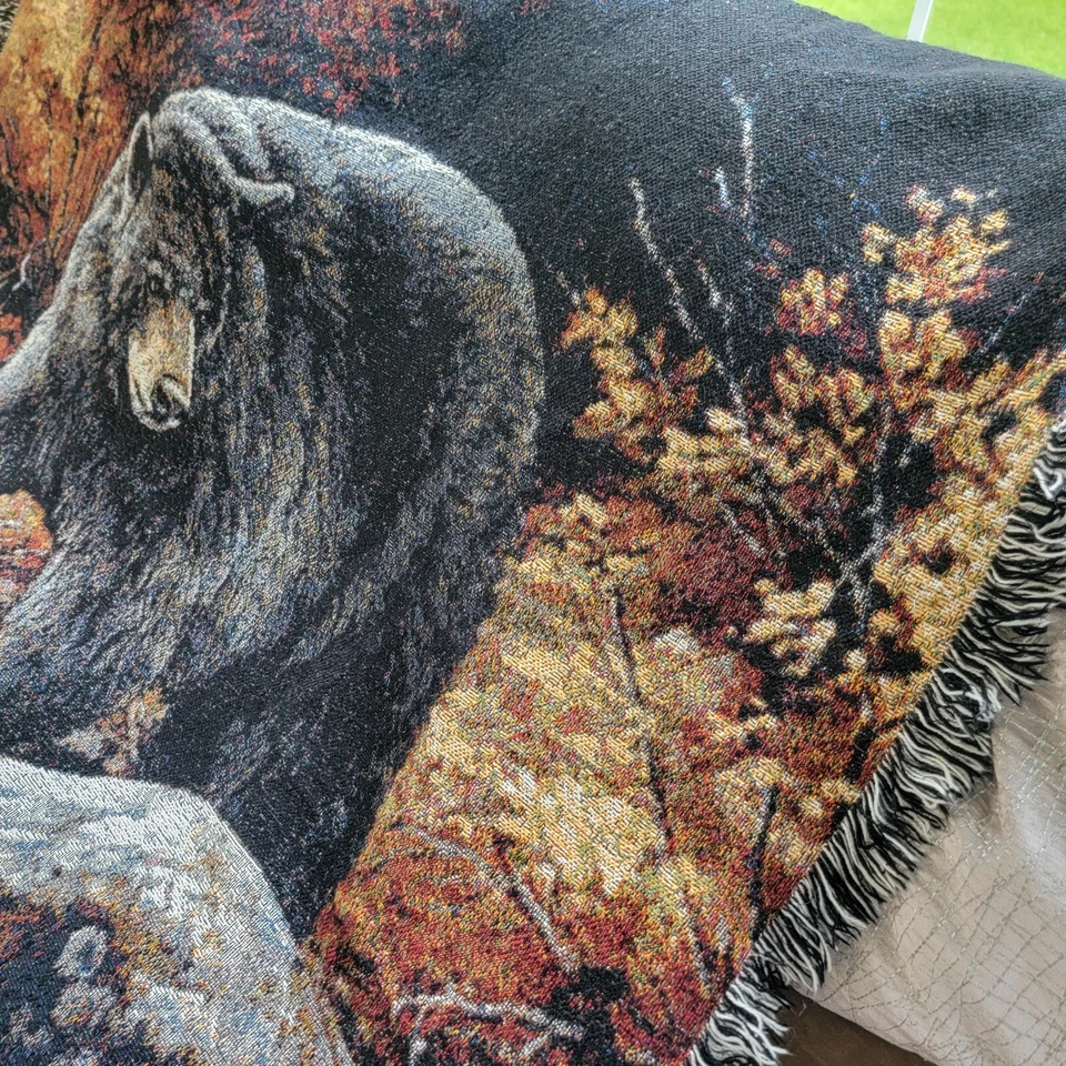 Manta con flecos rústica acogedora cabaña Shabby Chic tapiz bosque de osos negros Foto 3 de 4