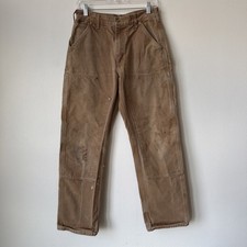 USA MADE Carhartt B01 BRN Loose Double Knee Duck Jean 30X32 Work Distressed Fade