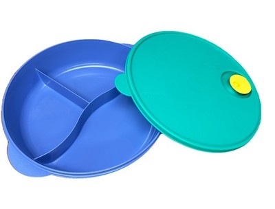 Tupperware Crystal Wave Vented Divided Blue Bowl With Green Lid Microwave