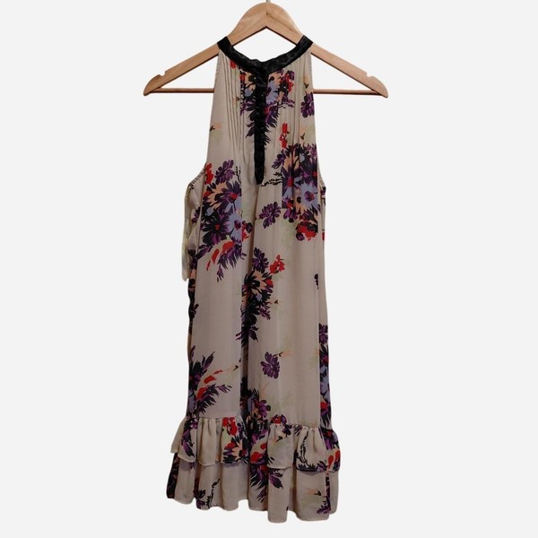Bardot Beige Floral Halter Chiffon Shift Mini Dress Ruffle Hem Pleated 10