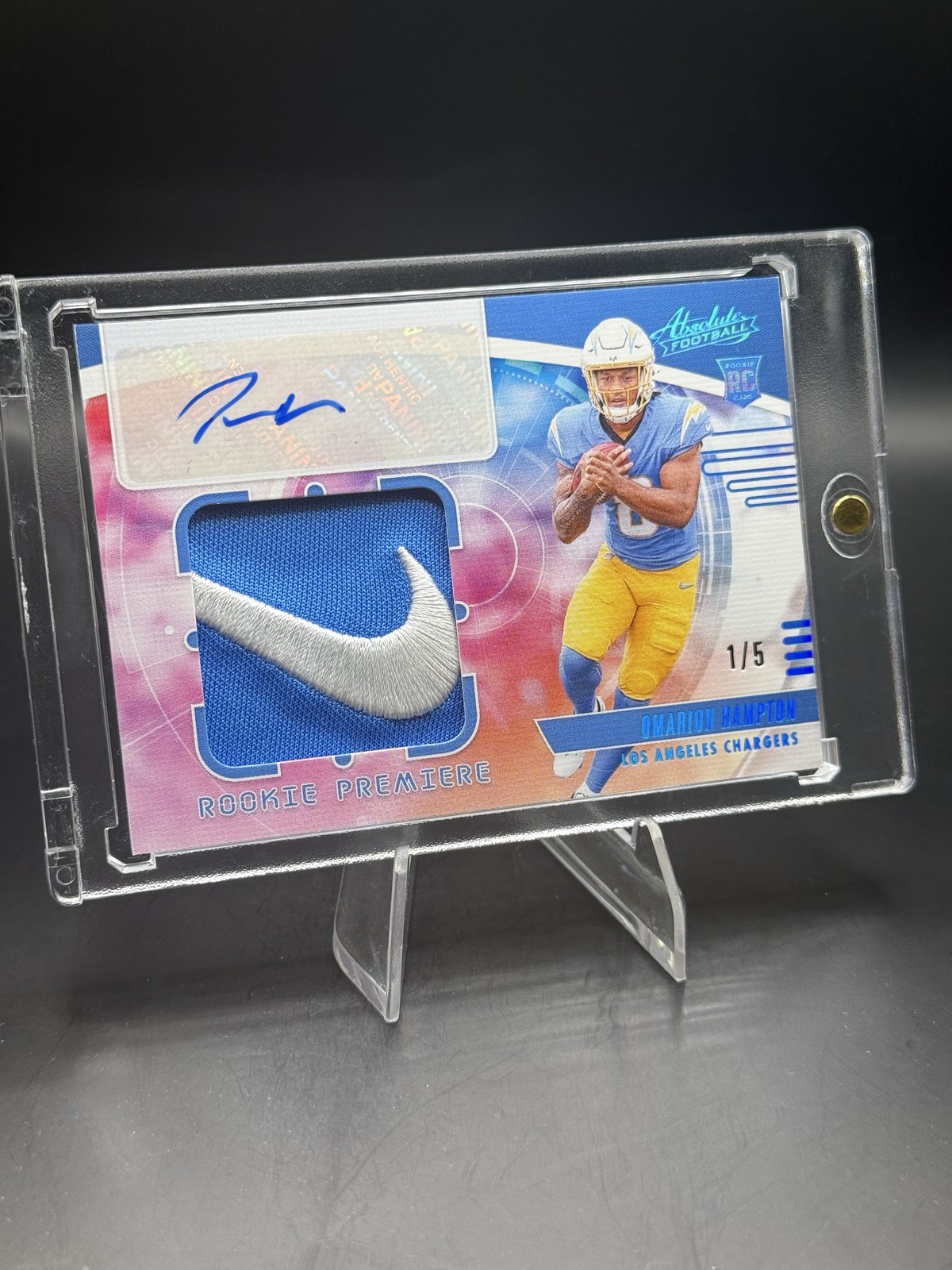2025 Panini Absolute- Omarion Hampton RC Nike Swoosh Patch Auto /5 Chargers view 2