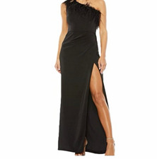 Mac Duggal Womens 0 Black One-Shoulder Feather Accent Side Slit Solid Maxi Dress