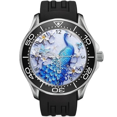 Armbanduhr Pfau Vogel Taucher sportlicher Stil Silikon schwarzes Armband