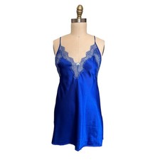 Victoria's Secret Satin Slip Dress Small Blue Lace Trim Chemise Nightgown
