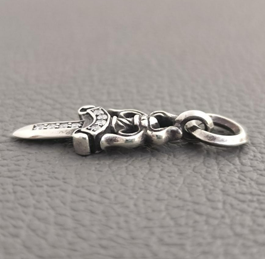 Chrome Hearts #5 Dagger Charm Pave Diamond Silver Necklace Top