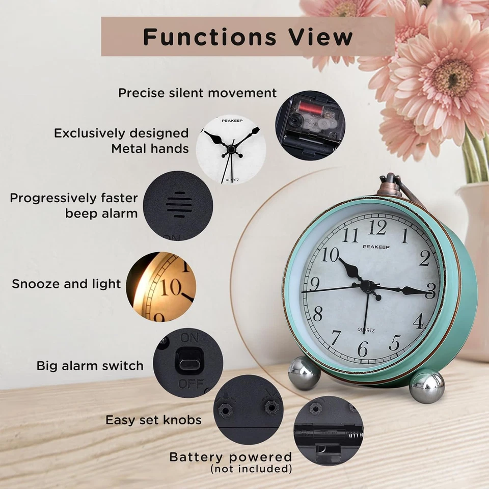 4" Small Battery Operated Antique Retro Analog Alarm Clock for Room Decor, Silen - Image 4 of 4