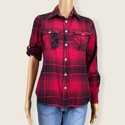 Freeshirt Juniors MEDIUM Red Black Plaid Button Up Shirt Roll Tab Sleeve Pockets