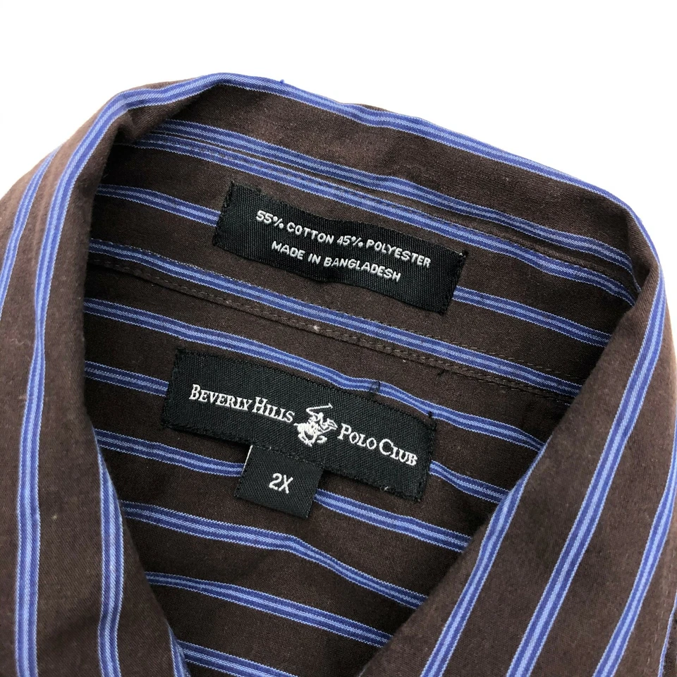 Camisa polo masculina listrada manga longa azul marrom com botões Beverly Hills - Imagem 2 de 4