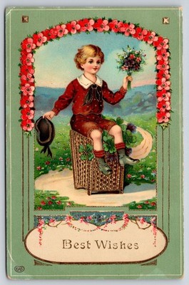 EAS~Sailor Boy Sits On Wicker Basket~Flower Bouquet~GEL~c1910 Vintage Postcard
