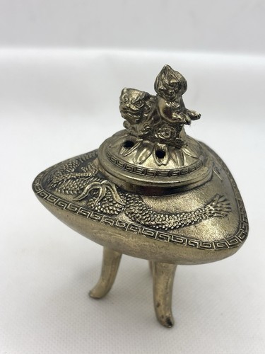 Vintage Japanese FOO DOG & DRAGON Brass Tripod Censer - Picture 6 of 7