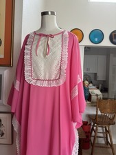 Vintage 60s Mod Psychedelic Floral Pleated Kaftan; 70s Hot Pink Mumu Lace OSFM