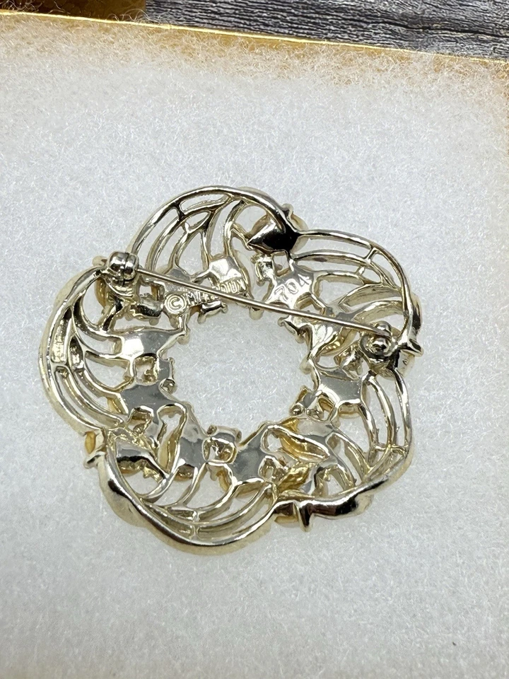 Broche prendedor vintage firmado MARBOUX tono dorado imitación ovalado perlas pedrería amarilla Foto 3 de 4