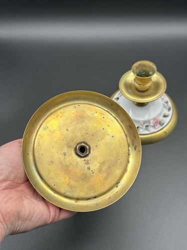 Pair Of Vintage Unique Brass And Porcelain Rose Candlestick Holders - Picture 9 of 13