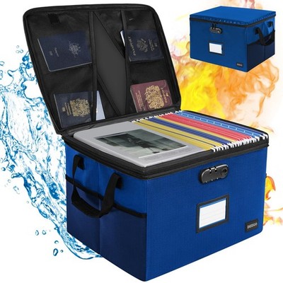 Blue Fireproof File Box Lock Document Organizer Safe Hanging Folder Home Safe