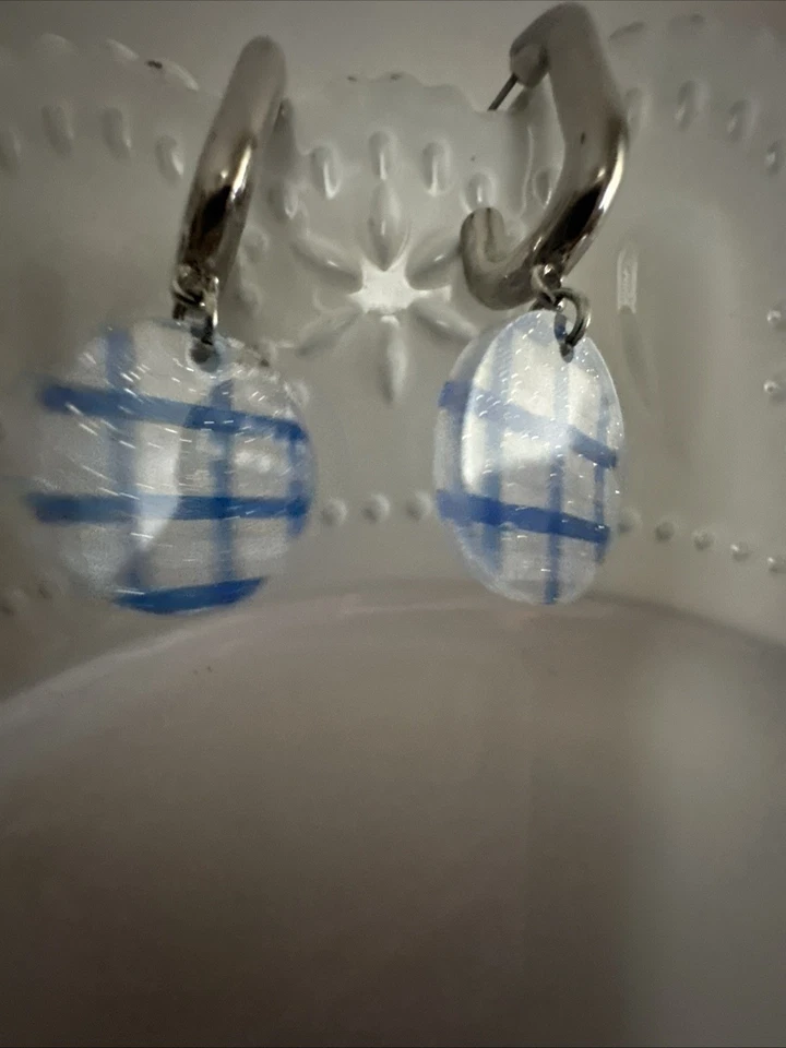 Pendientes de acrílico J CREW azul picnic a cuadros blanco brillante dorado OFERTA 4 CARIDAD ❤️343 Foto 4 de 4