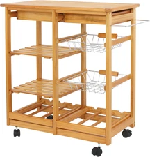 4-Shelf Kitchen Cart Rolling Dining Trolley Island on Wheels Wood Storage Utilit