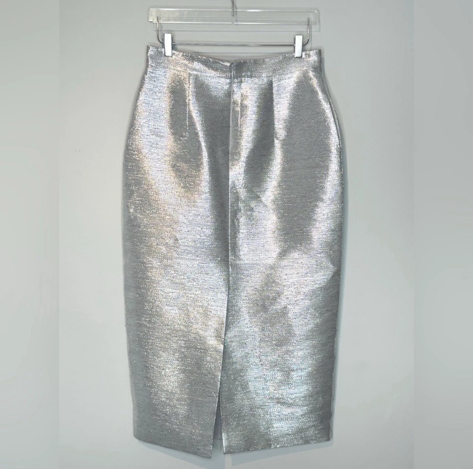 Brandon Maxwell Metallic Silver Foil Maxi Formal Pencil Skirt Size 10 NWT - Image 3 of 4
