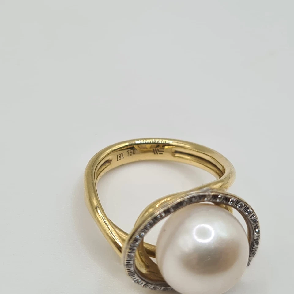 Bague or jaune 18 carats sertie d’une perle de culture et diamants naturels - Photo 3/4