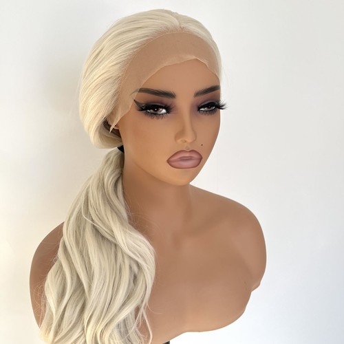 Bleach blonde Soft Heat Resistant Synthetic Hair HD T Lace Front Wig Long Wavy - Picture 7 of 8
